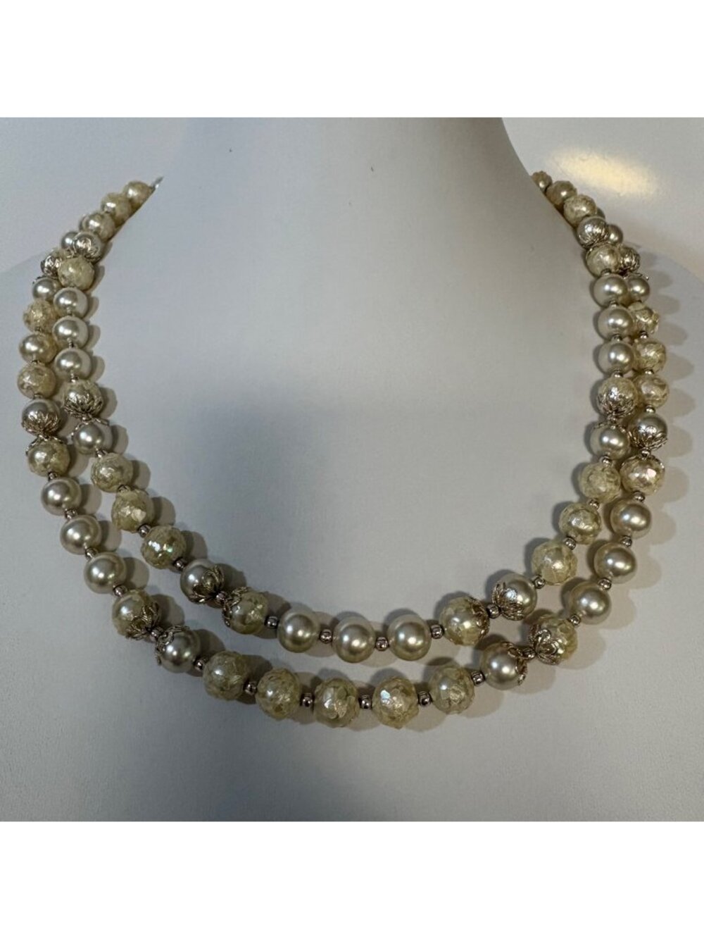 Double-Strand Faux Pearl Gold-Tone Accents Beaded Necklace Elegant Statement
